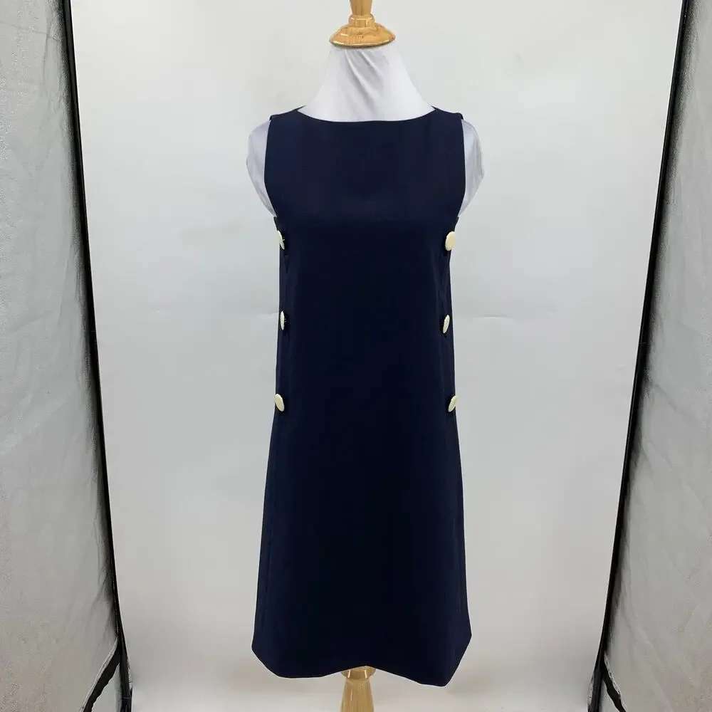 Tory Burch Dress Women 0 Navy Suiting Double Lined Side Buttons Sleeveless Shift